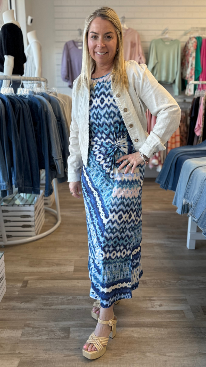 Sleeveless Pattern Dress with Faux Knot Detail