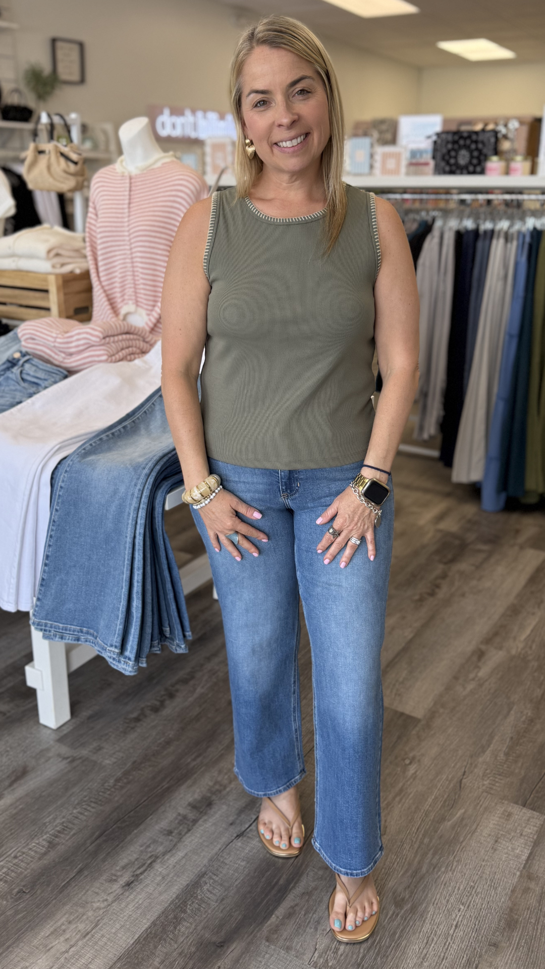 Olive Ribbed Knit Tank With Stitch Detail