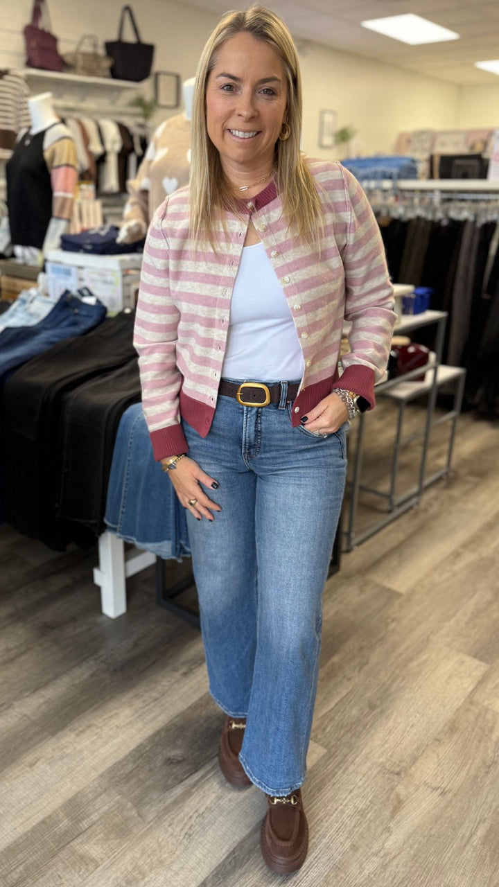 Pink And Ivory Stripe Cardigan