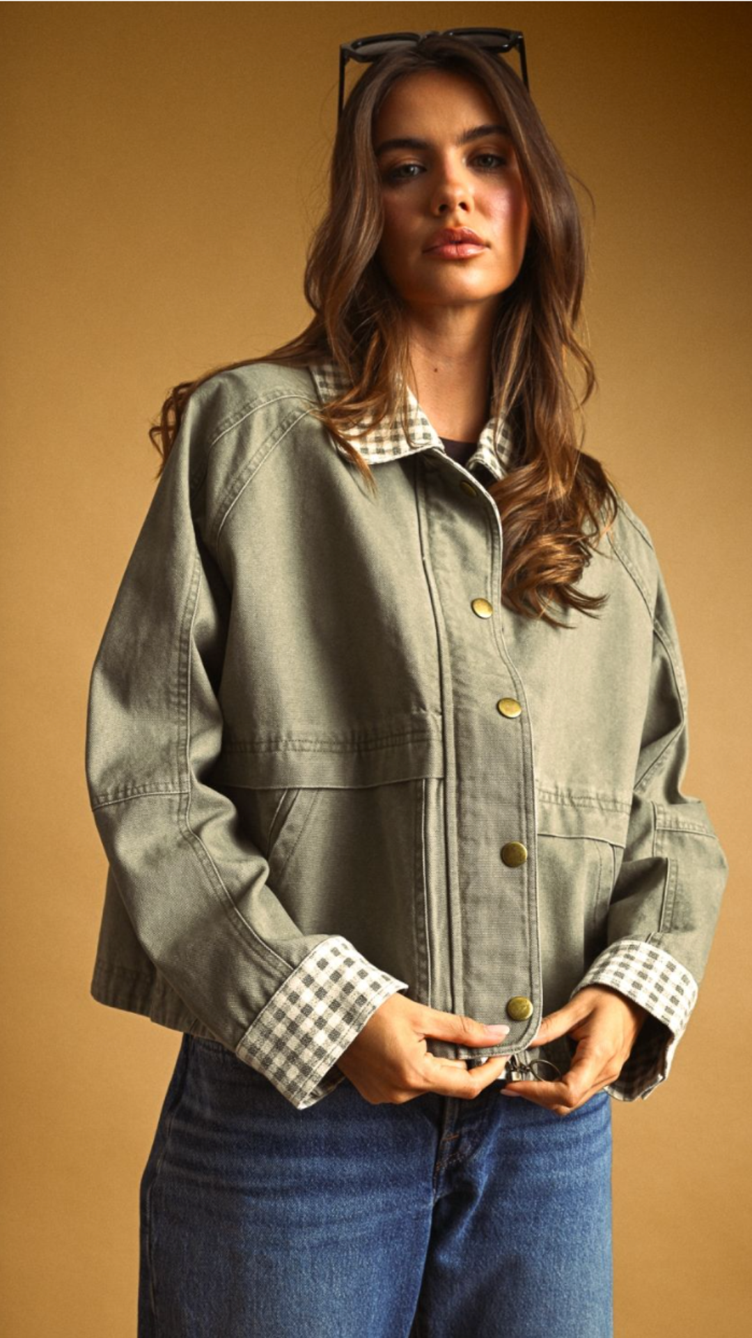Olive Gingham Collared Twill Jacket