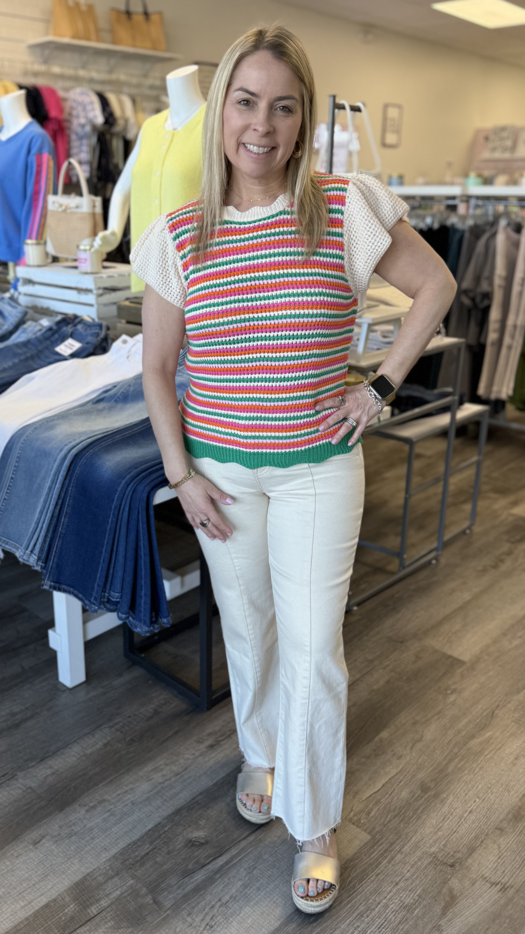 Scallop Hem Striped Knit Top