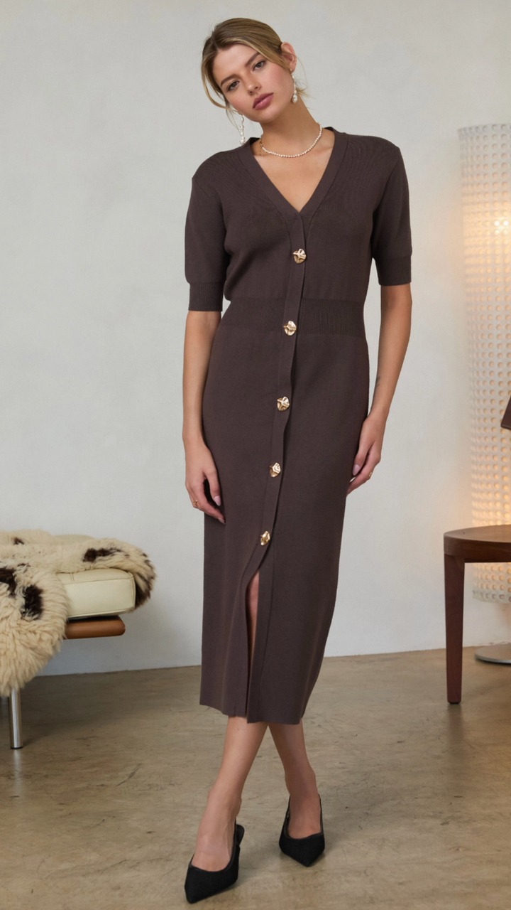 Brown Ribbed Short Sleeve Button Front Sweater Midi Dress