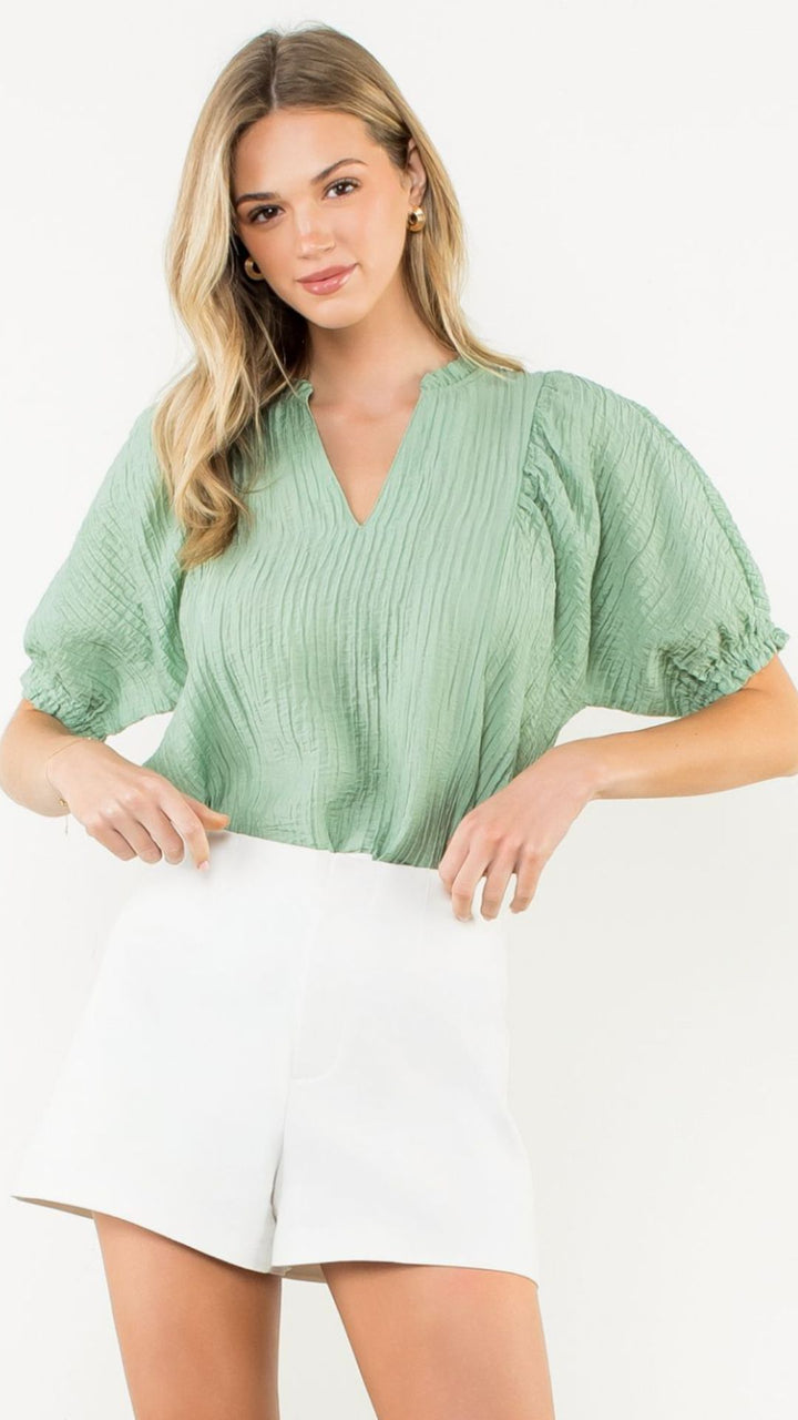 Sage Crinkled Split Neck Puff Sleeve Top