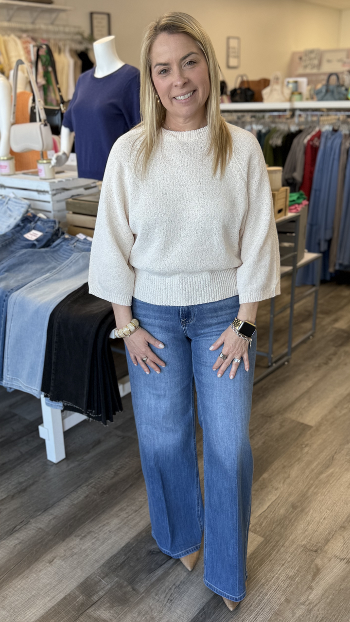 Cream Round Neck Quarter Sleeve Knitted Top