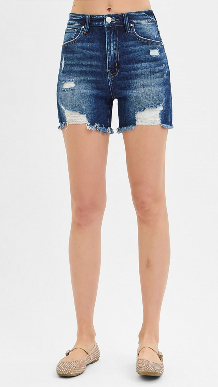 High Rise Dark Wash Distressed Mid Thigh Shorts