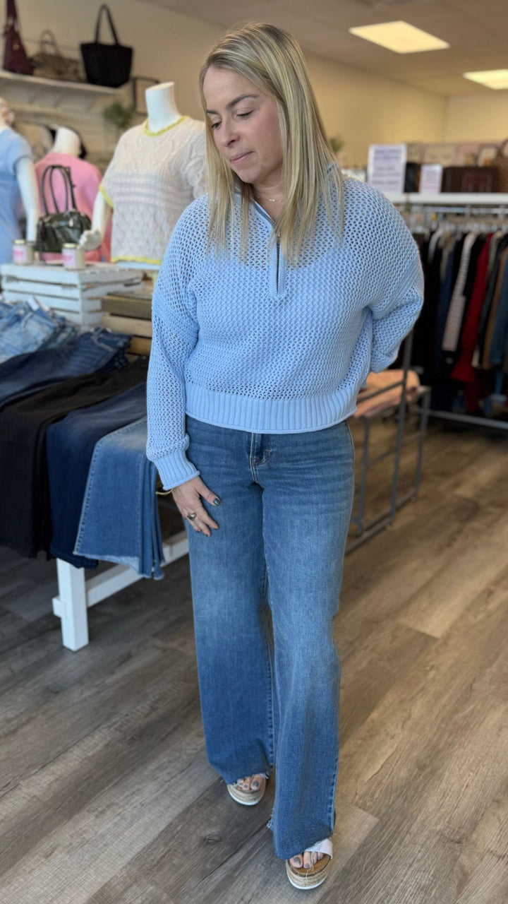 Light Blue Open Knit Quarter Zip Sweater