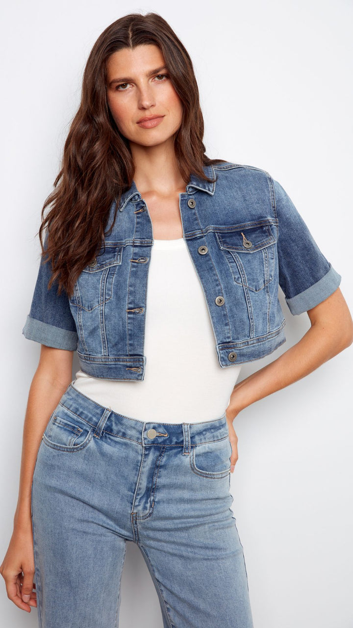 Cropped Short Sleeve Denim Jacket