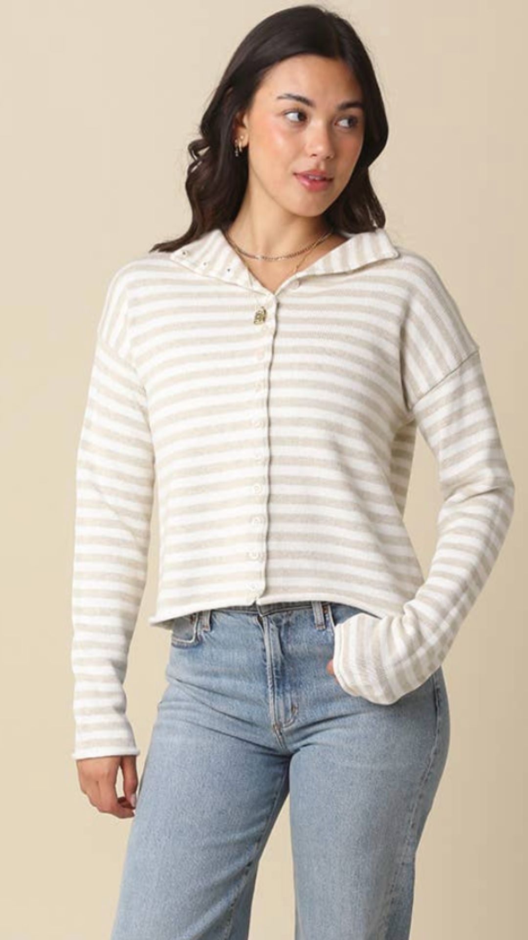 Oatmeal And White Striped Collar Knit Cardigan Sweater
