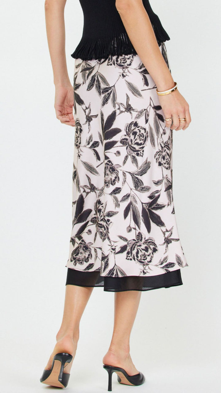 All Over Pink And Black Floral Midi Skirt With Sheer Chiffon Layer Hem