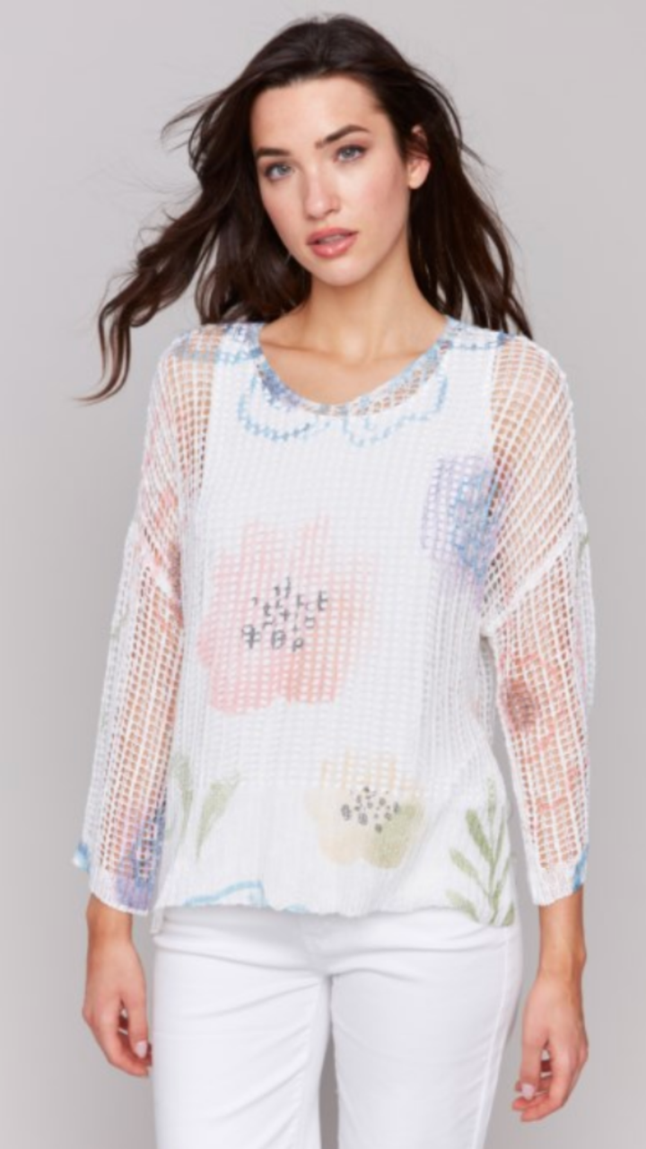 Fishnet Floral Sweater With Hi-Low Hem