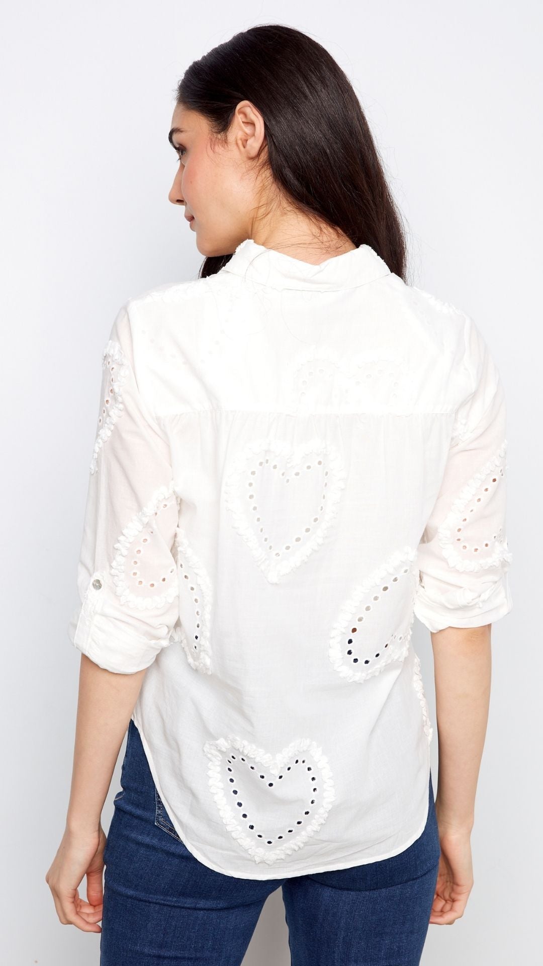 Heart Textured Roll Up Button Down Blouse