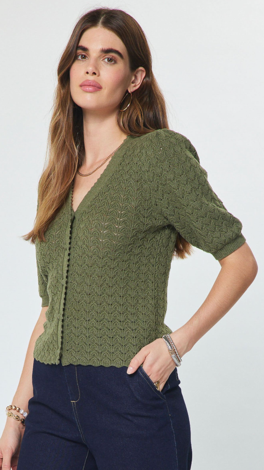 Olive Puff Sleeve Scalloped Edge Top
