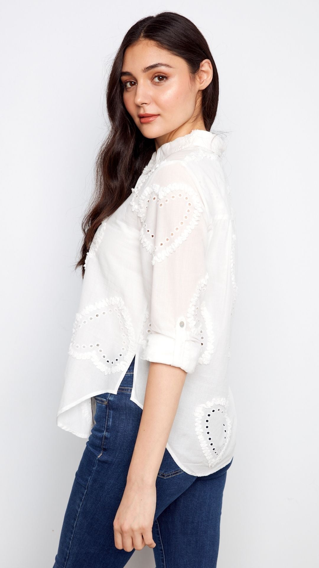 Heart Textured Roll Up Button Down Blouse