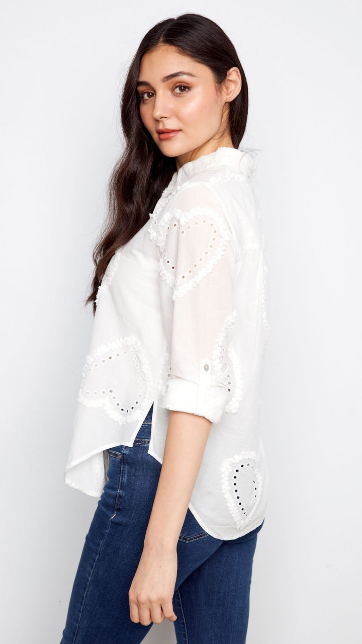 Heart Textured Roll Up Button Down Blouse