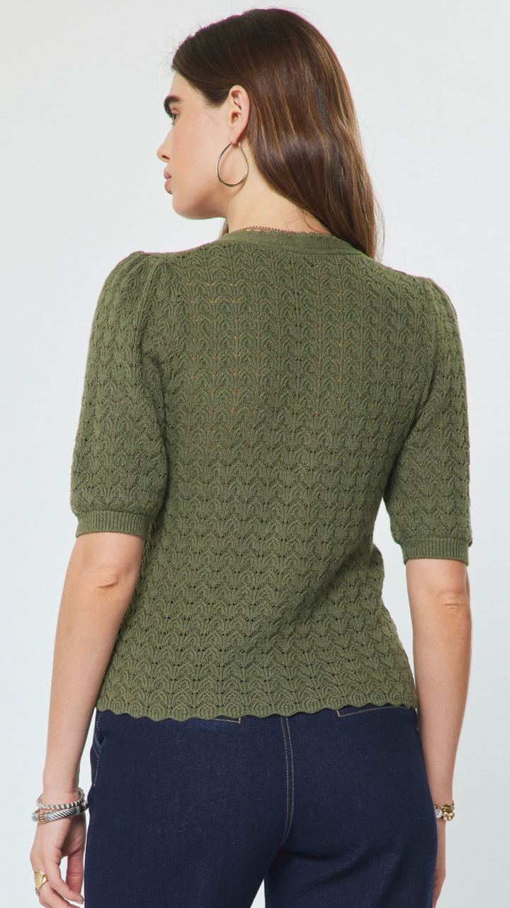 Olive Puff Sleeve Scalloped Edge Top
