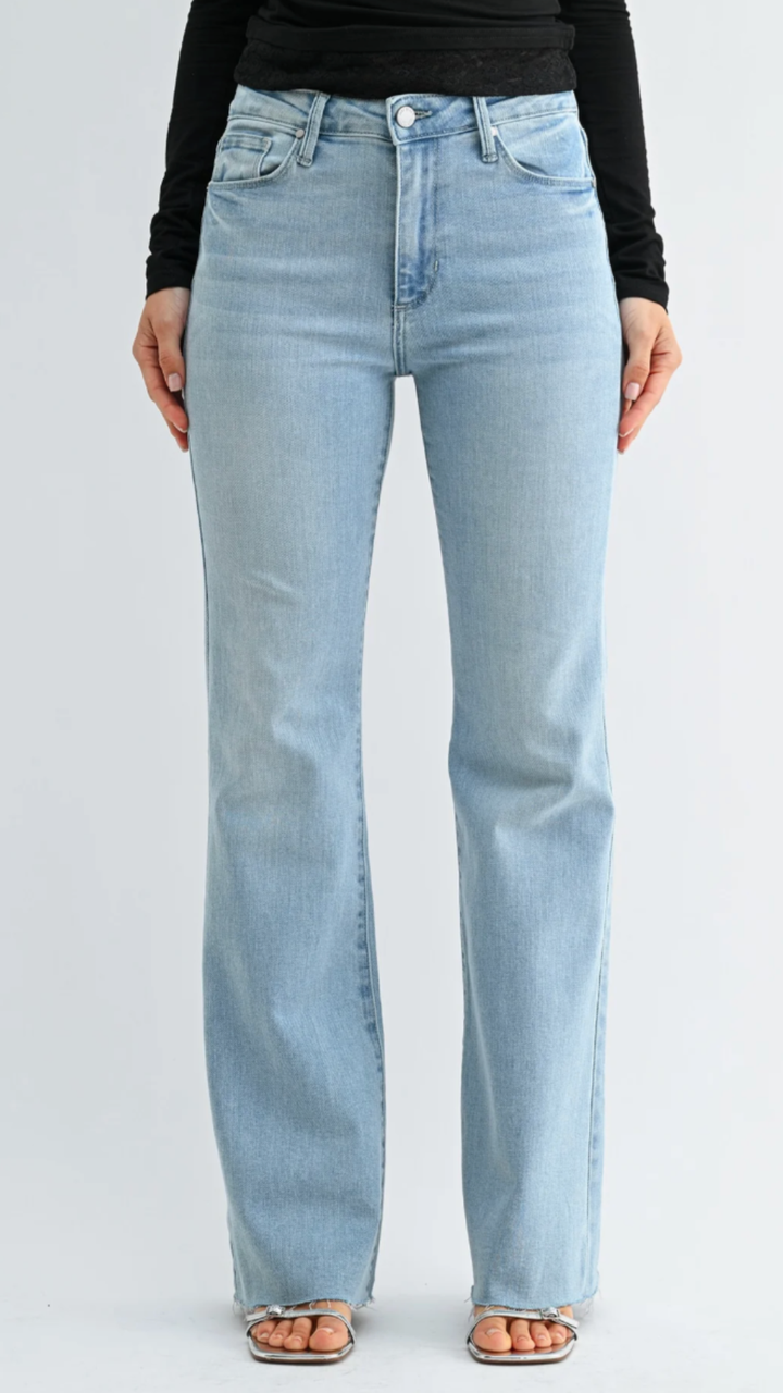 High Rise Light Wash Scissor Cut Full Length Flare Jeans