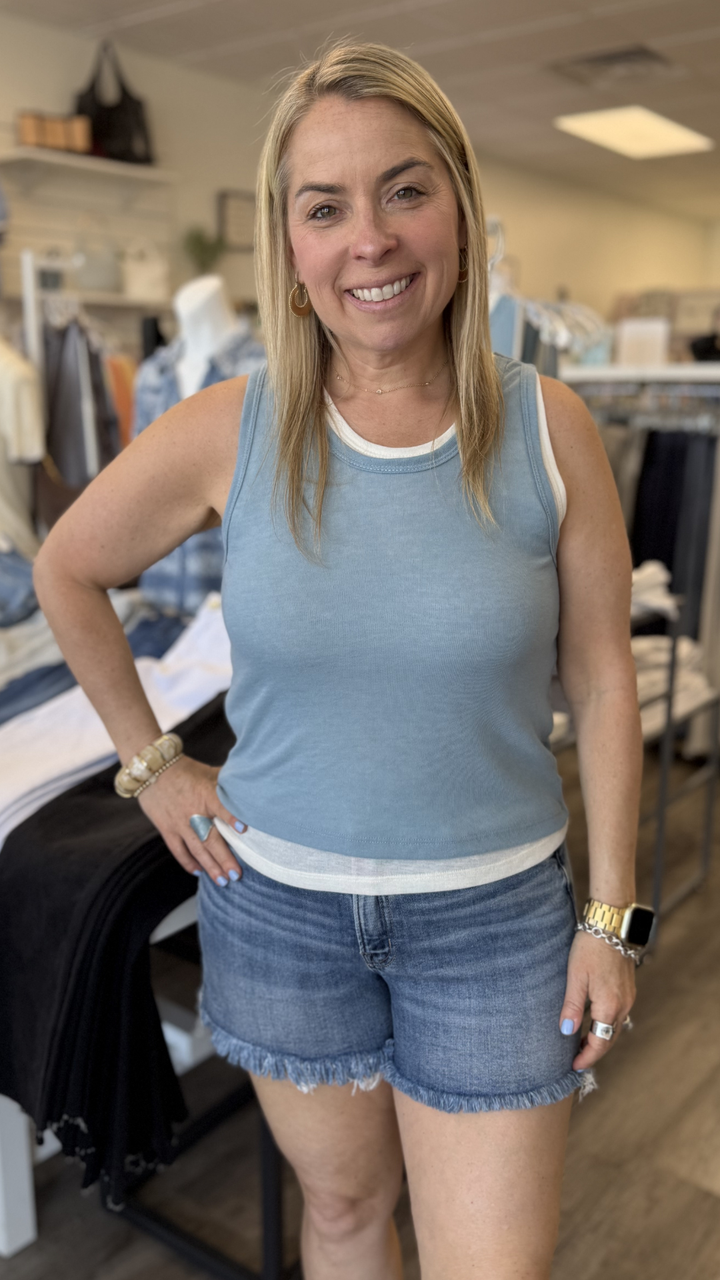 Blue And Cream Essential Double Layered Sleeveless Racer Back Tank