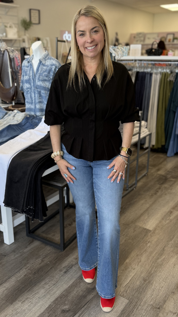 Black Dart Detail Quarter Sleeve Button Down Blouse