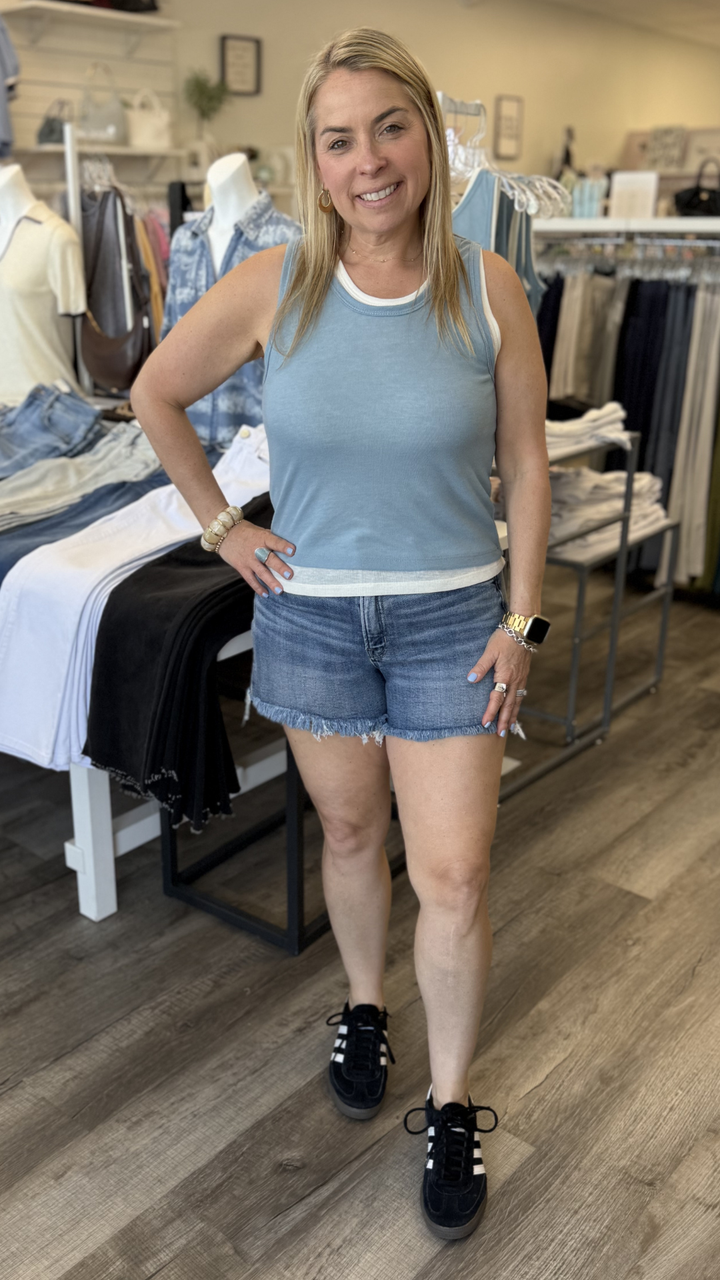 Blue And Cream Essential Double Layered Sleeveless Racer Back Tank