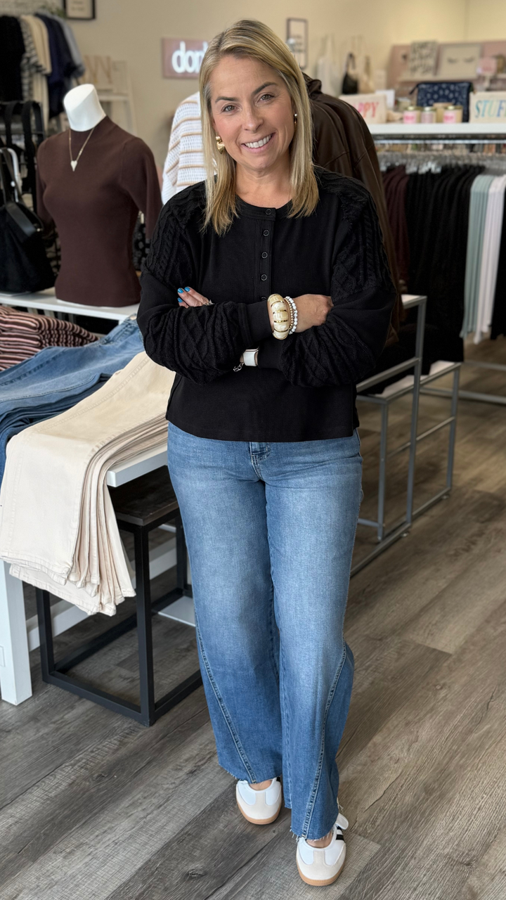 Black Waffle Knit Henley Top