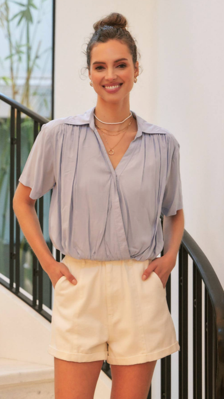 Light Blue Surplice Blouse With Bubble Hem