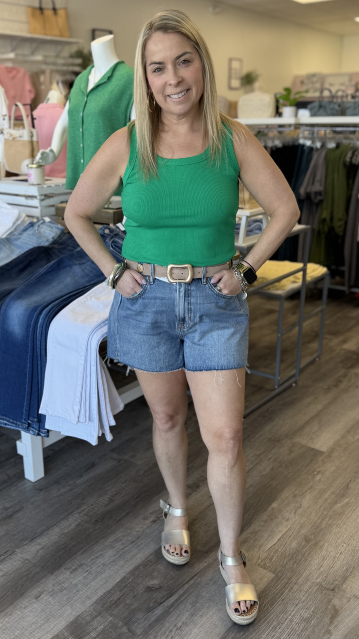 High Rise Medium Wash A Line Shorts