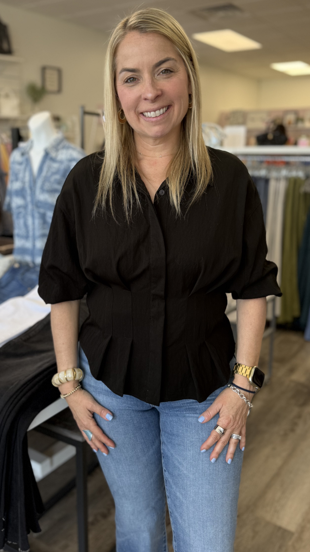 Black Dart Detail Quarter Sleeve Button Down Blouse