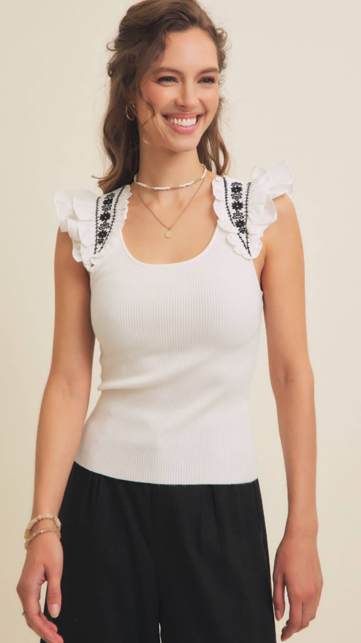 Embroidery Soft Rib Sweater With Ruffled Sleeves