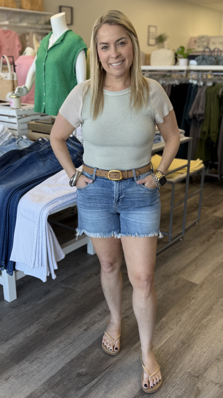 High Rise Medium Wash Frayed Hem Boyfriend Shorts