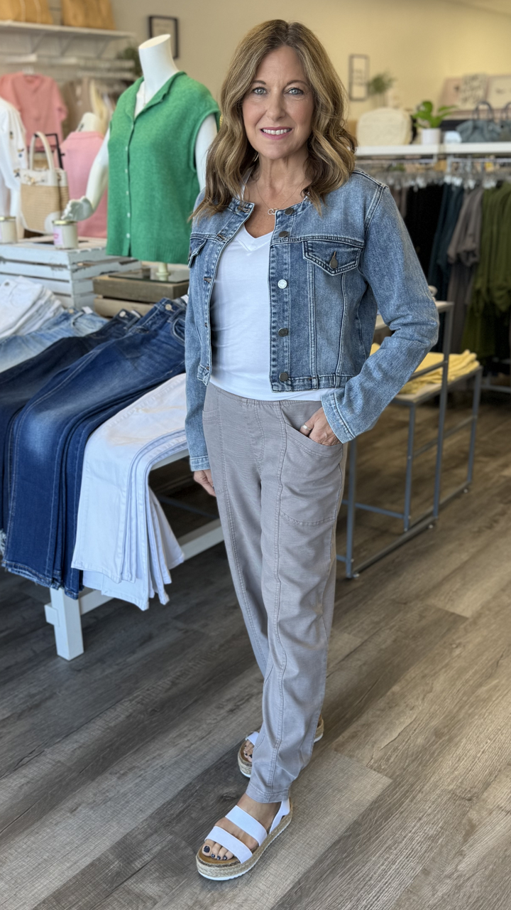 Medium Wash Collarless Denim Jacket