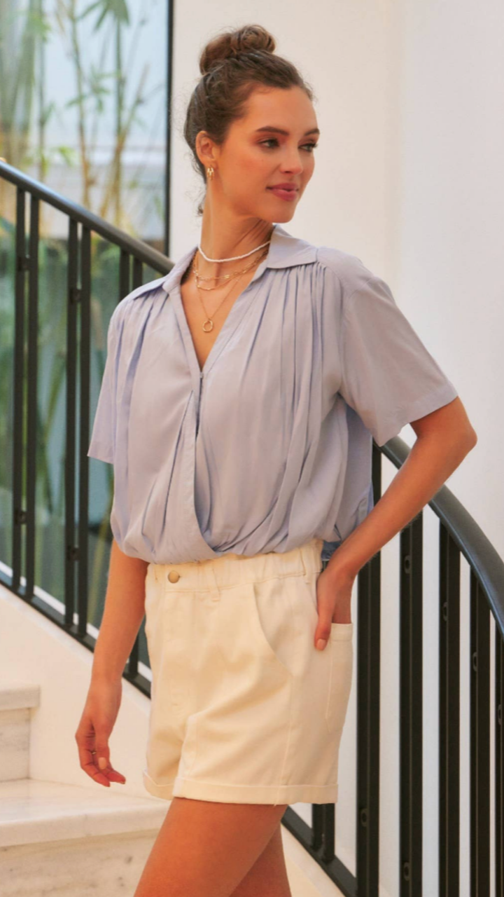 Light Blue Surplice Blouse With Bubble Hem