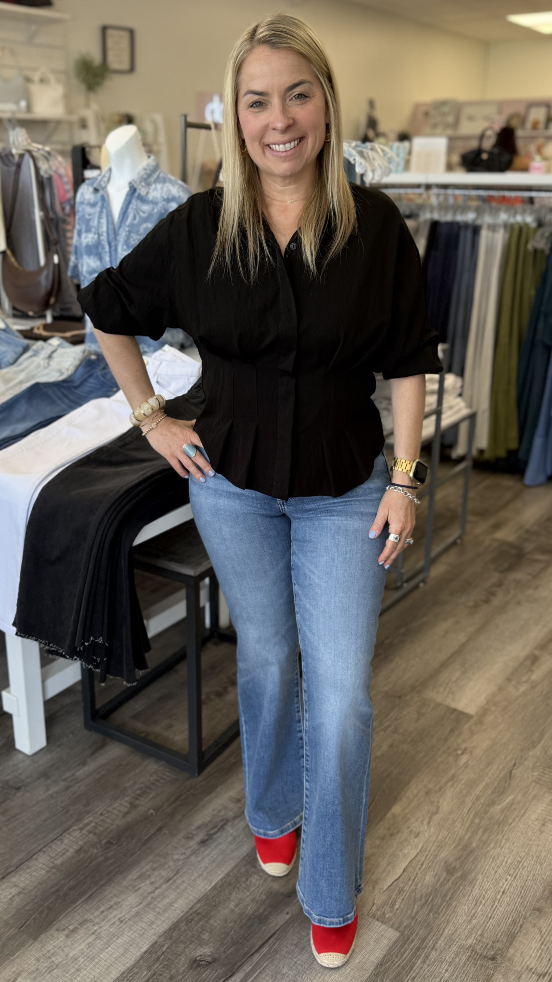 Mid Rise Medium Wash Full Length Flare Jeans