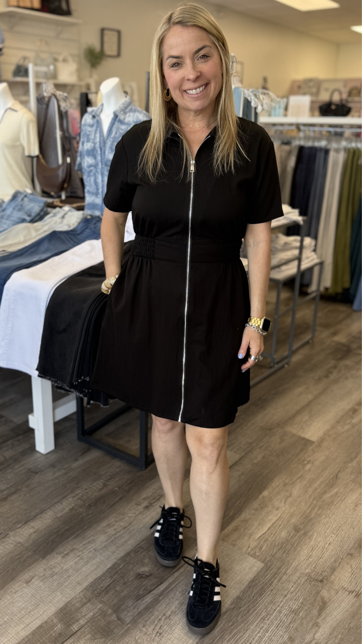 Black Short Sleeve Zip Up Dress