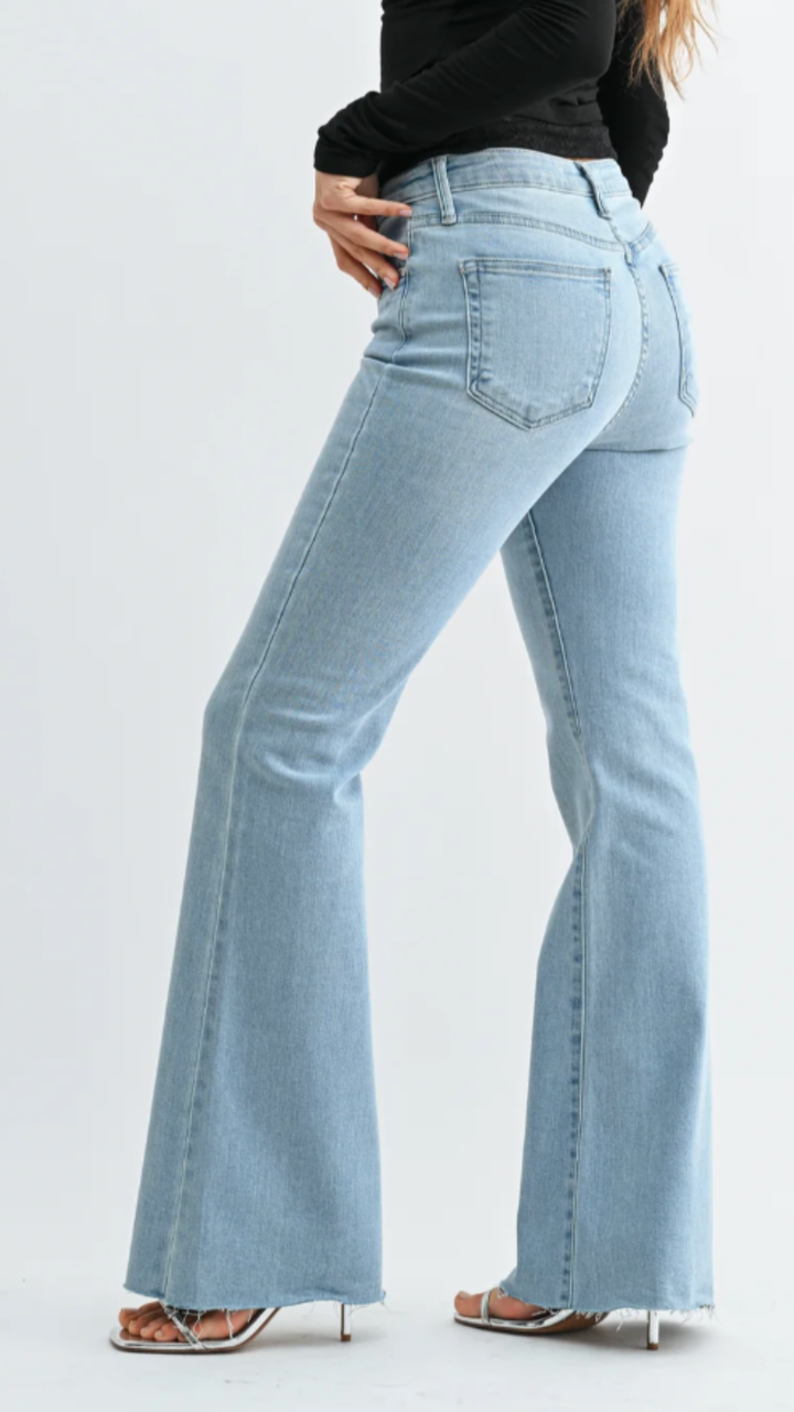 High Rise Light Wash Scissor Cut Full Length Flare Jeans