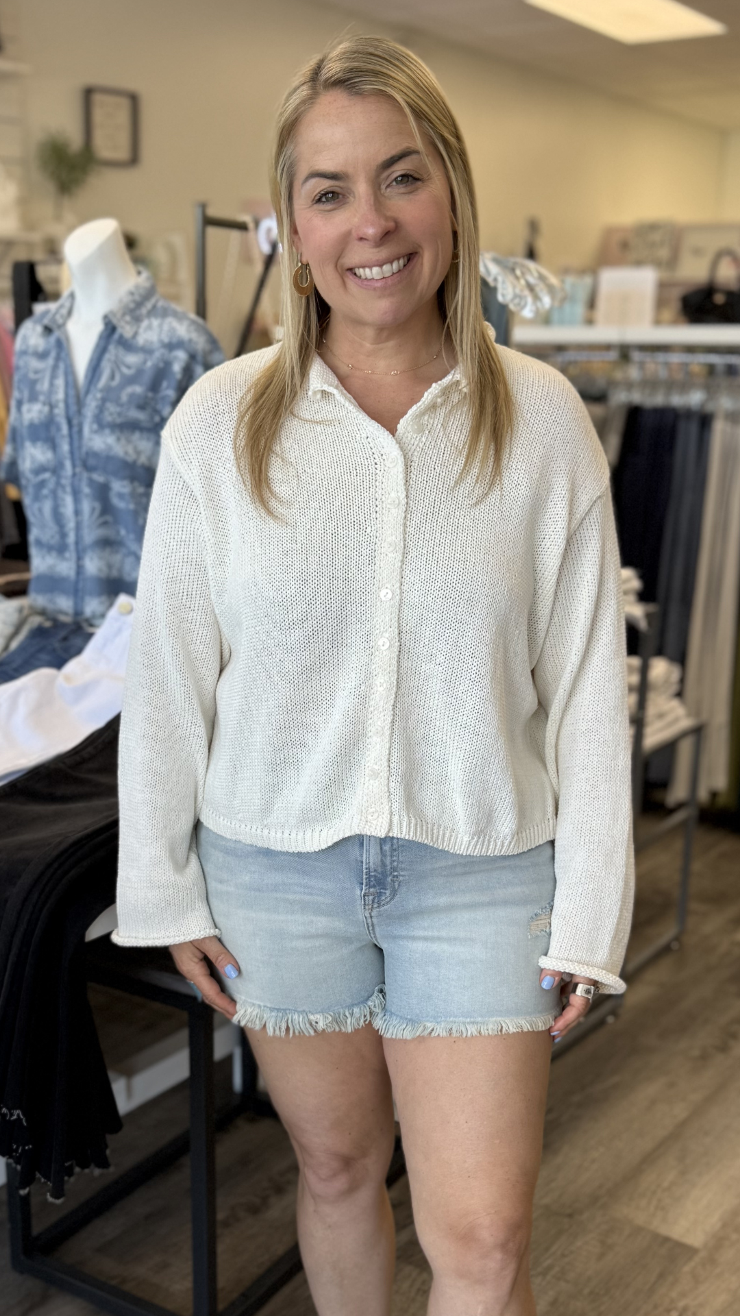 Off White Light Weight Button Front Cardigan