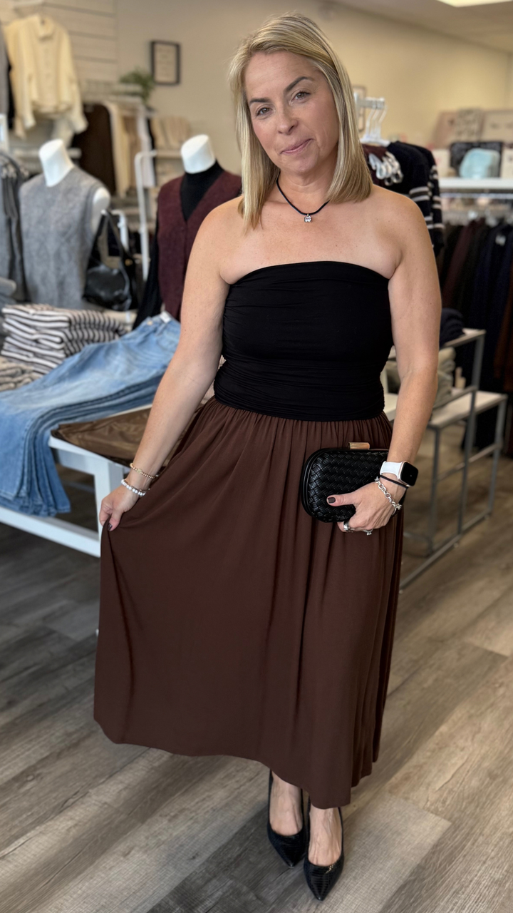 Hot Coffee Strapless Midi Dress