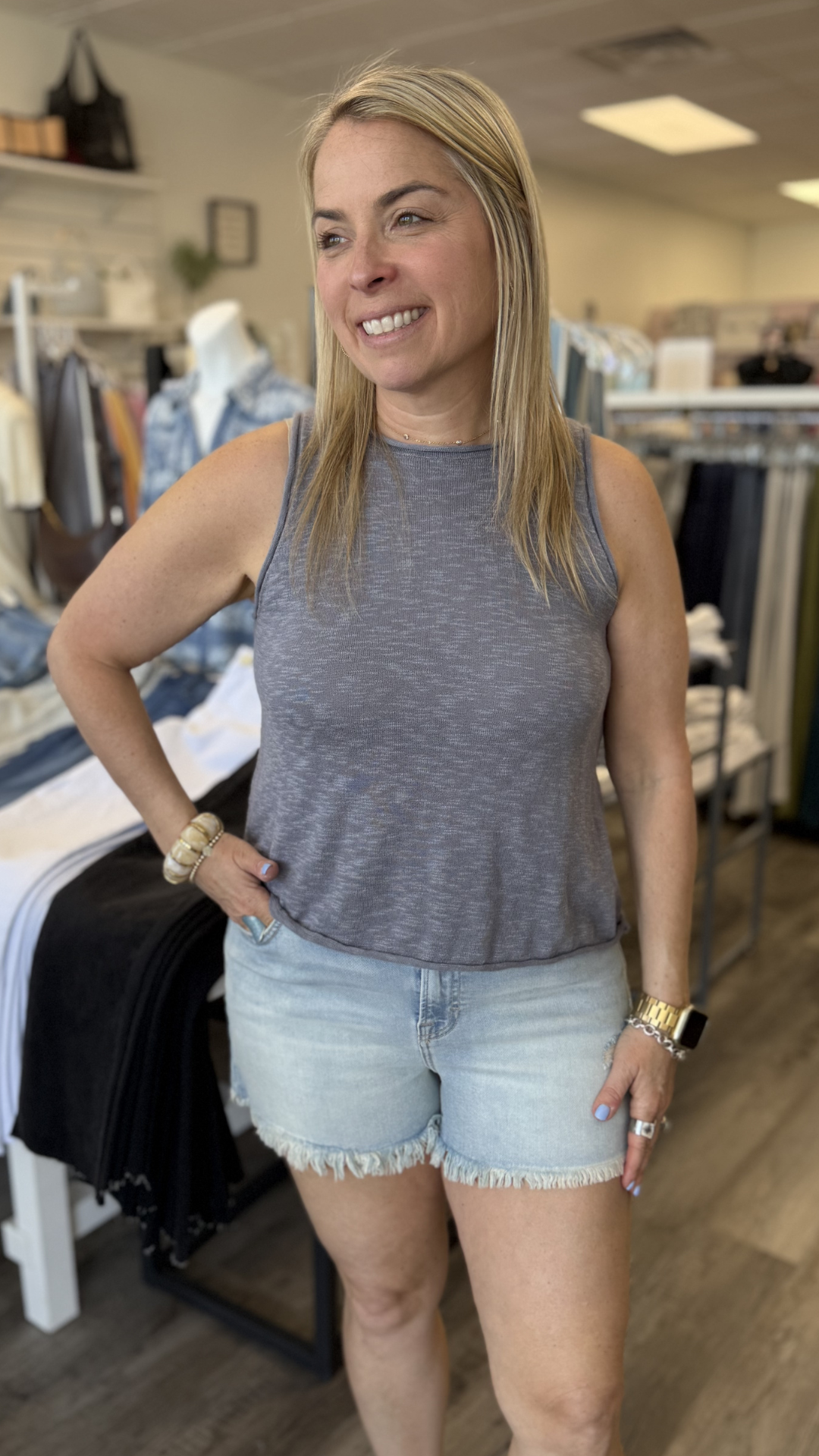 Sleeveless Slub Knitted Top With Rolled Hem Detail