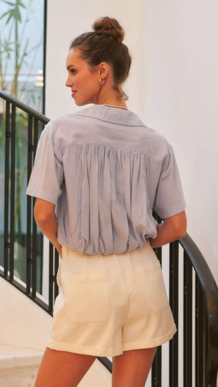 Light Blue Surplice Blouse With Bubble Hem