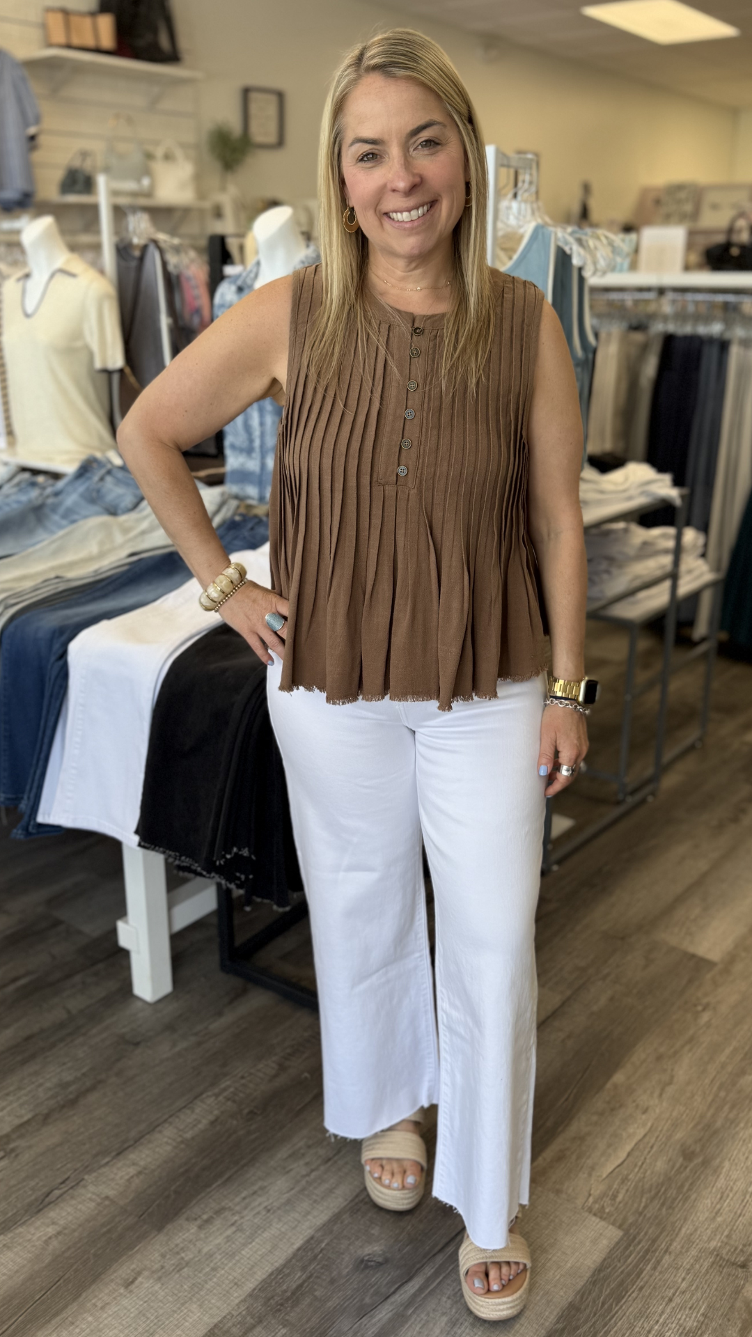 Mocha Pleated Button Front Sleeveless Top