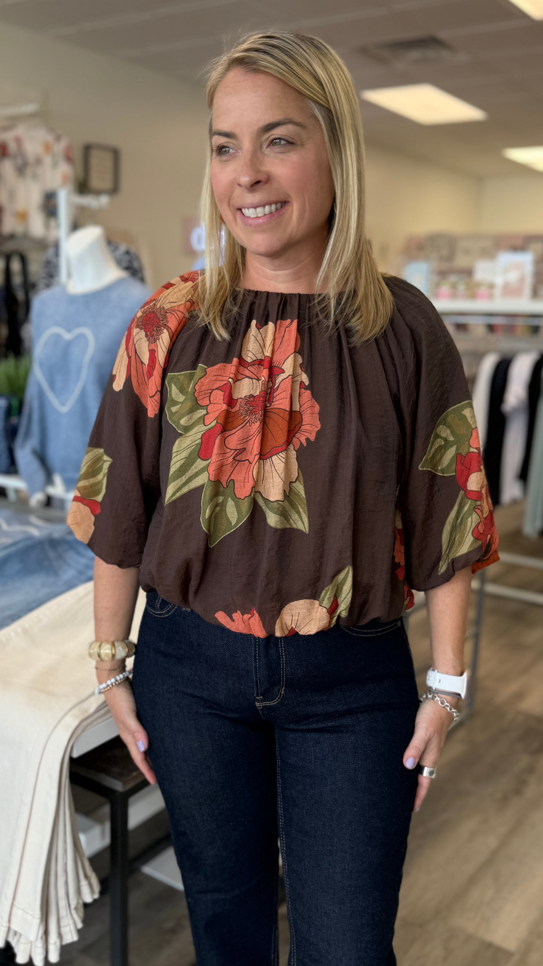 Brown Floral Bubble Hem Top