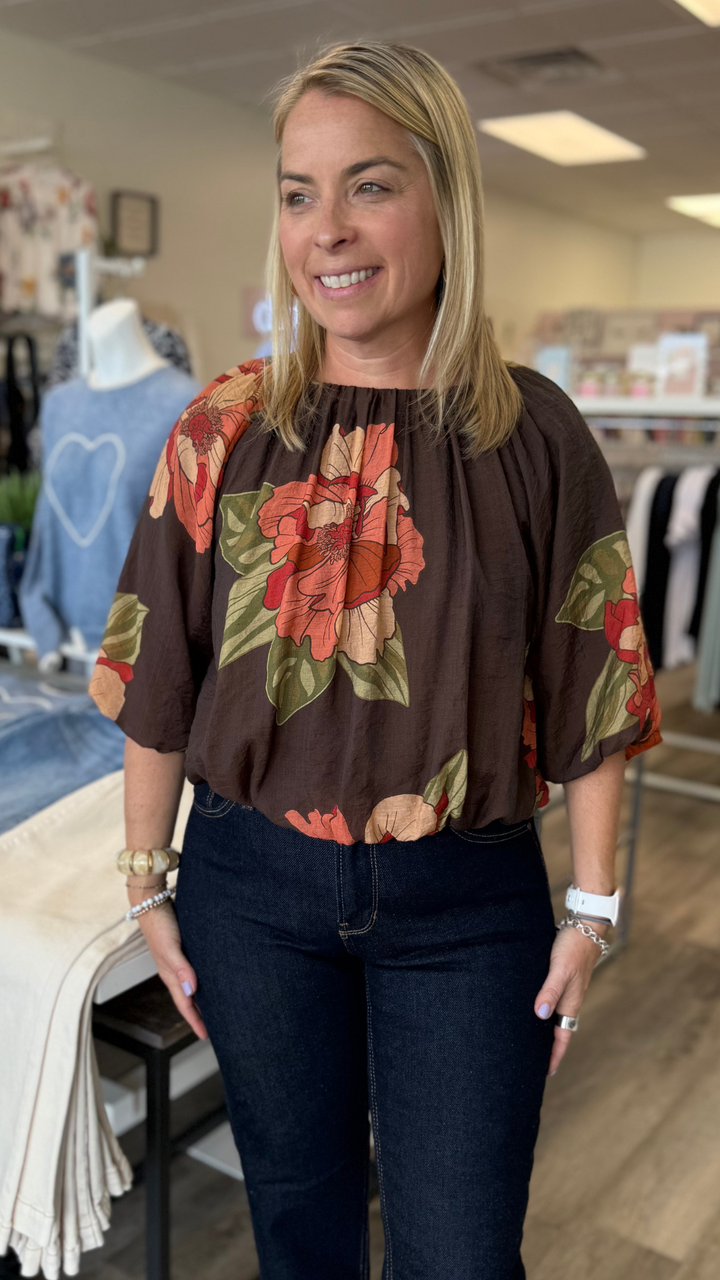 Brown Floral Bubble Hem Top