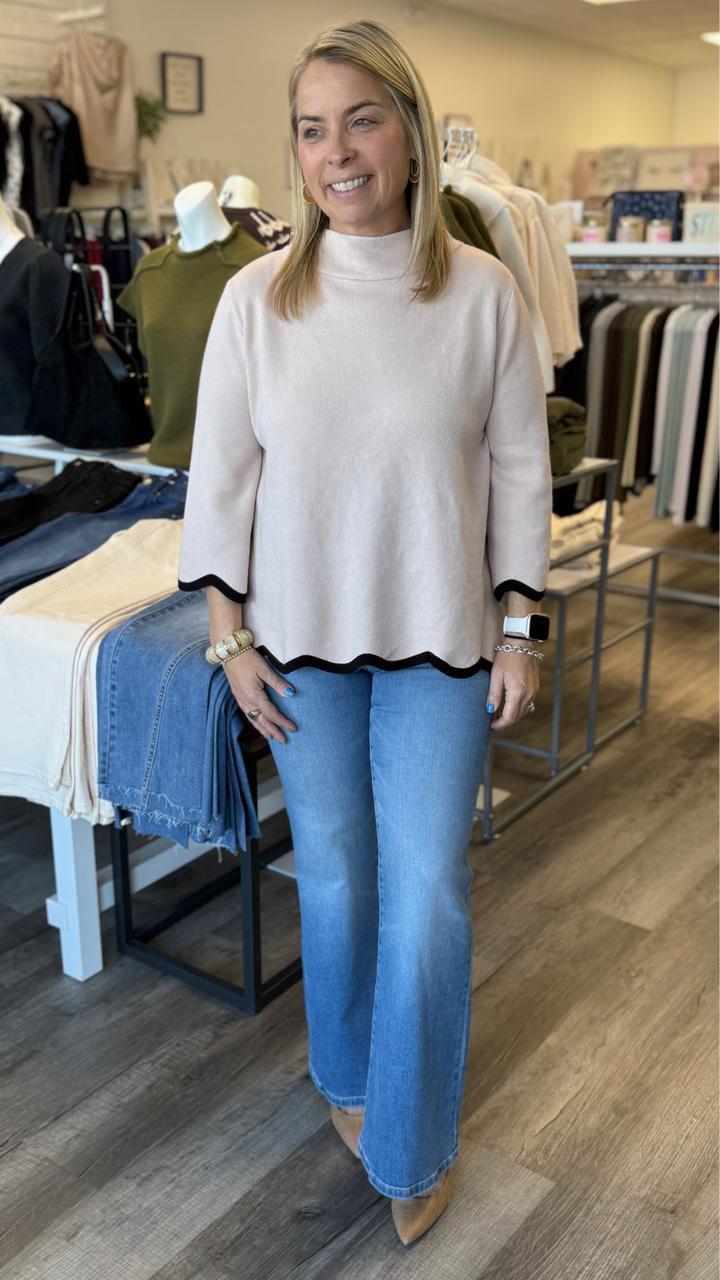 Blush Scallop Edge Detailed Mock Neck Sweater