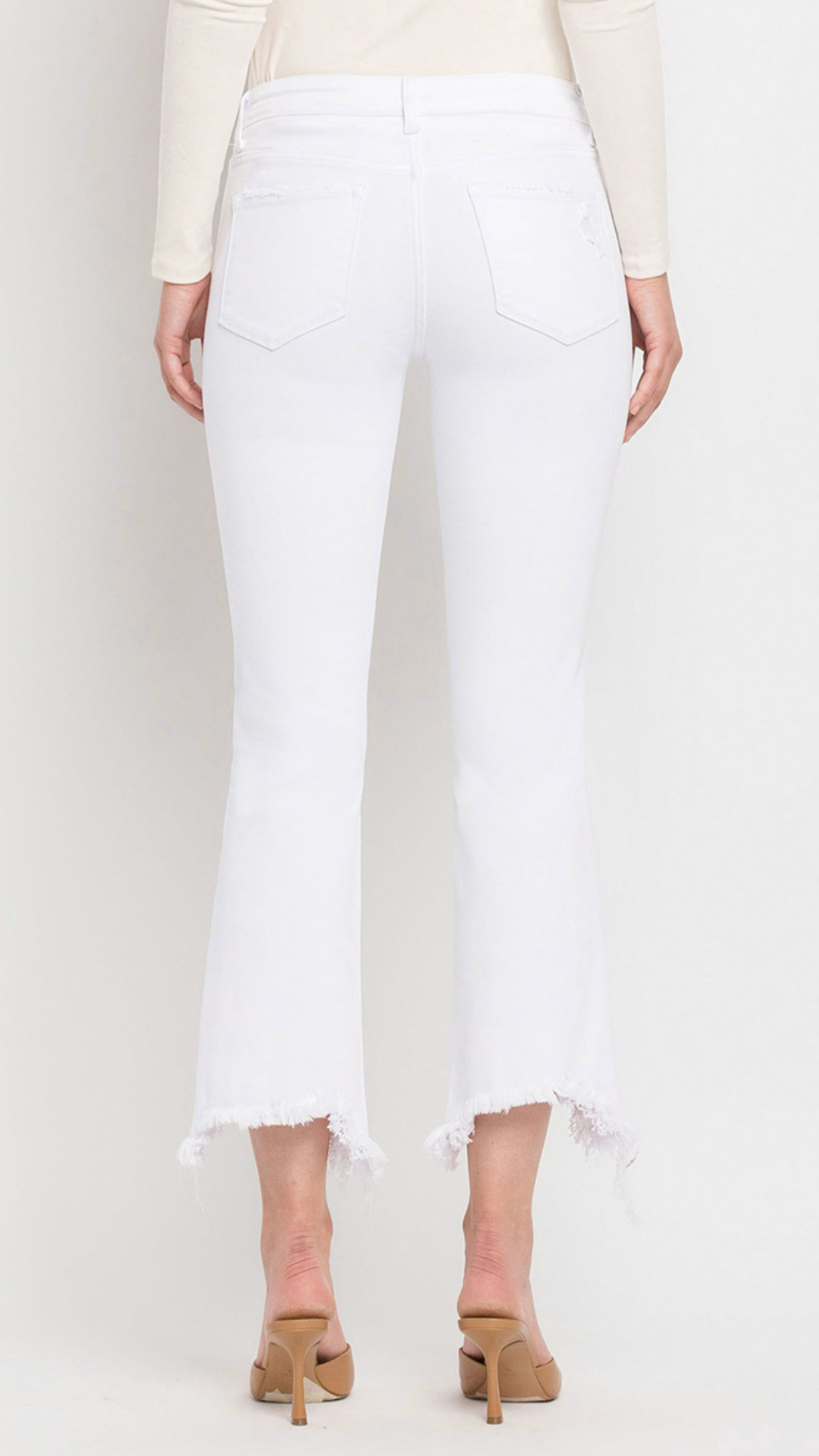 White Mid Rise Distressed Hem Ankle Bootcut Jeans