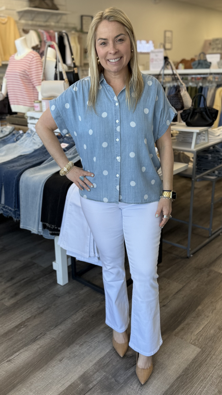 Polka Dot Shirred Shoulder Top