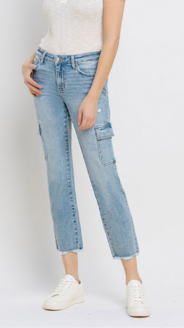 Mid Rise Slim Straight Cargo Jeans