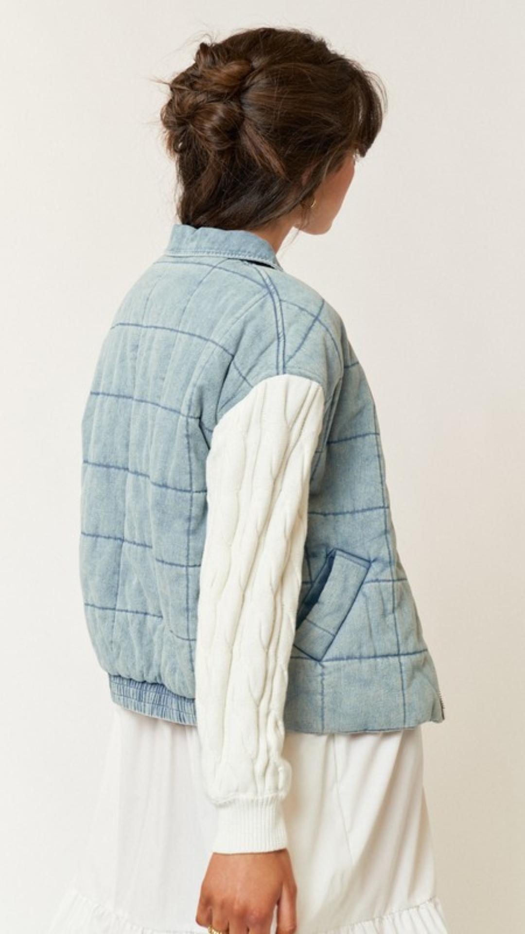 Washed Denim And Sweater Mix Collar Jacket
