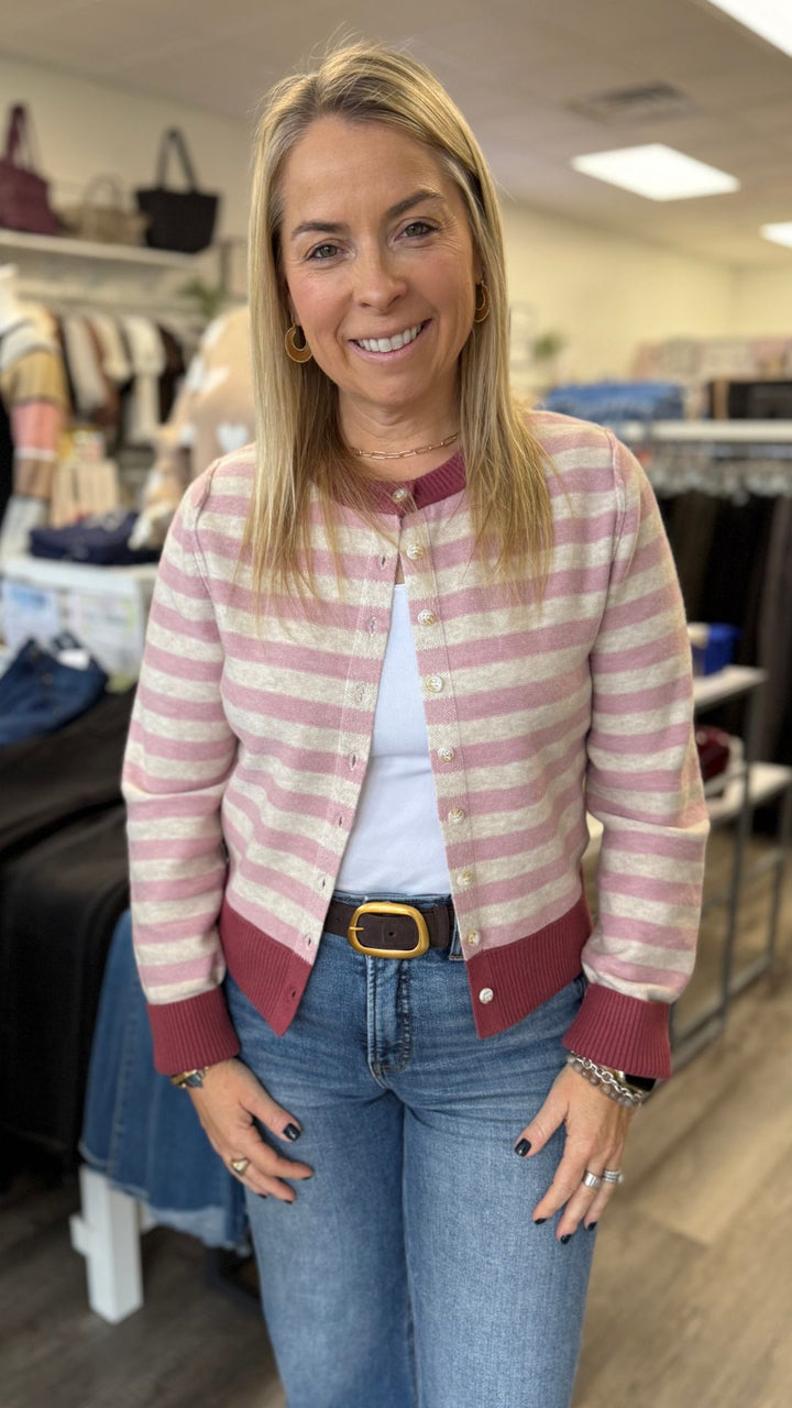 Pink And Ivory Stripe Cardigan