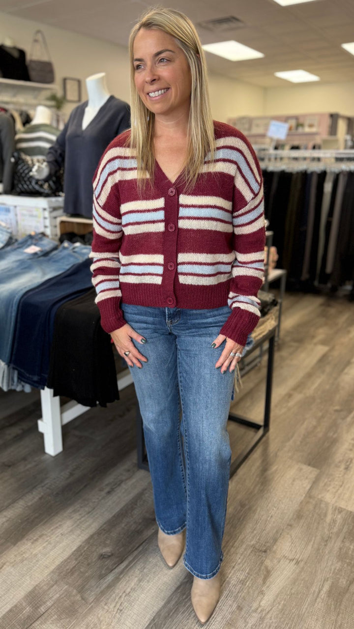 Burgundy Multi Stripe Crop Cardigan Sweater