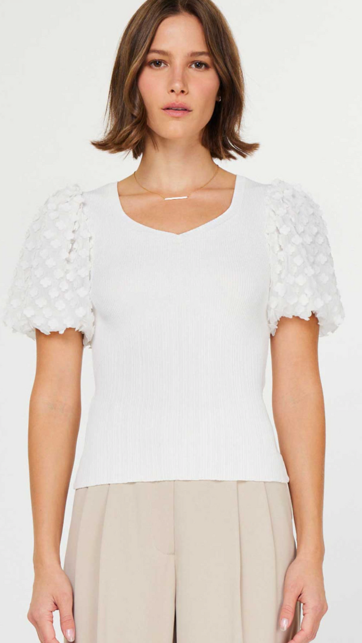 Heart Neck Floral Short Sleeve Rib Top
