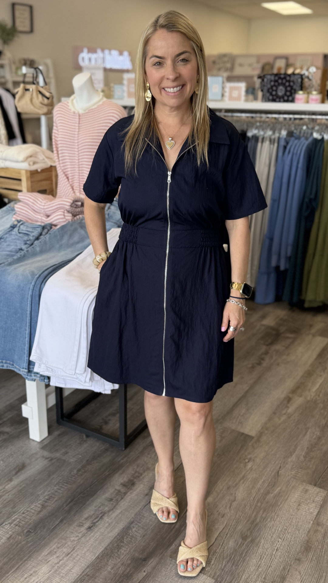 Navy Short Sleeve Zip Up Dress